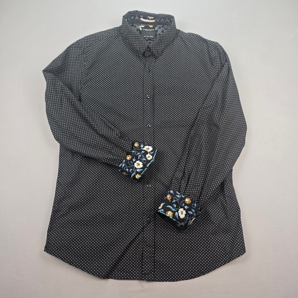 Denim & Flower Ricky Singh Mens Large Black Polka Dot Floral Cuff Button Up